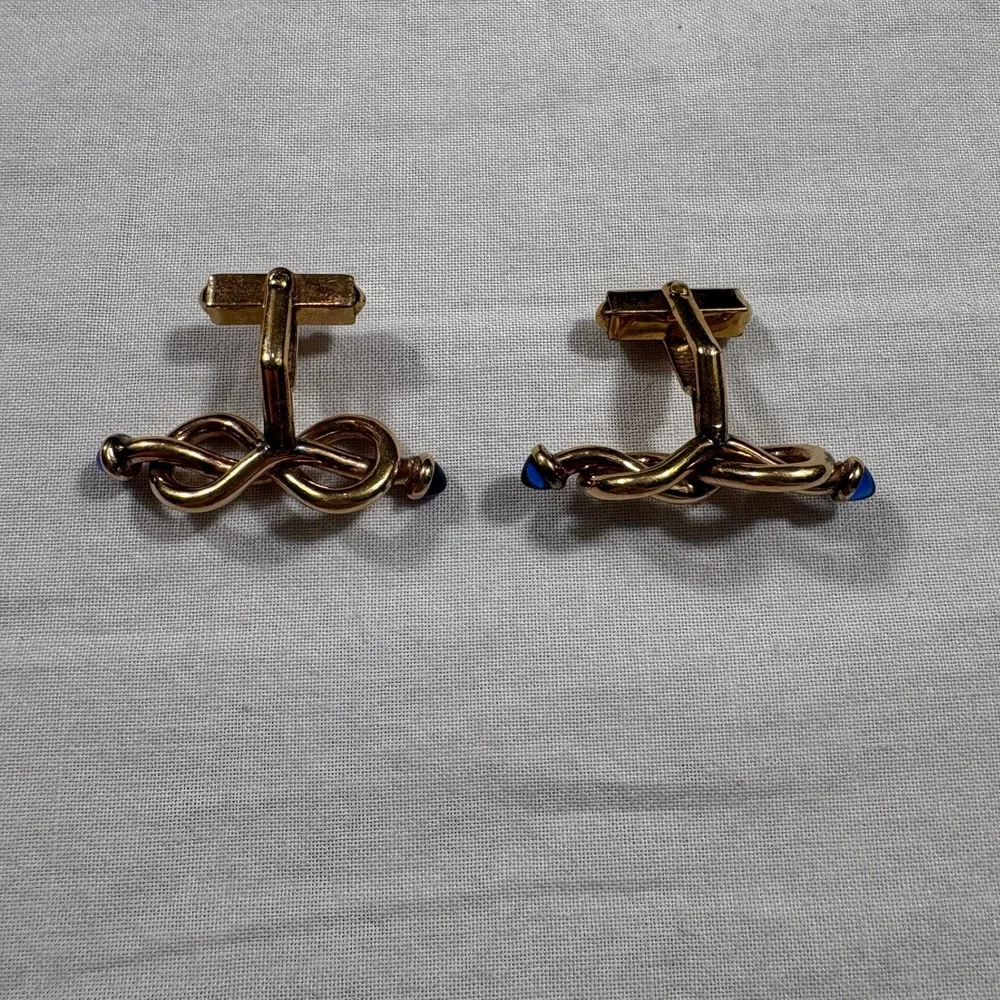 14K Gold Knot Cufflinks with Blue Stones Mens Formal Wear